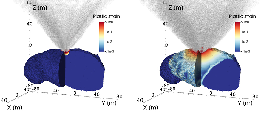 Simulations showing ejecta from two DART-like impacts.