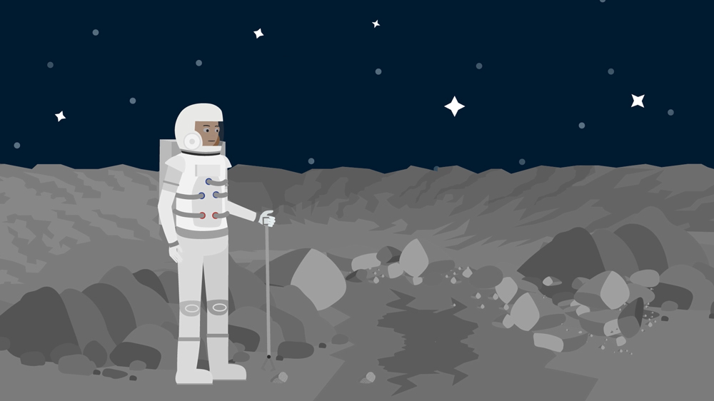 Illustration showing an astronaut collecting samples on the moon.